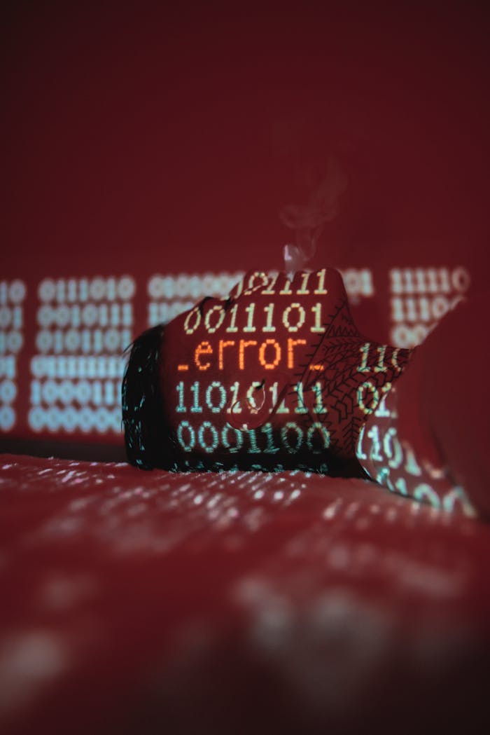 A conceptual image showing error code projected on binary data with smoke.